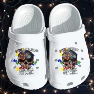 Skull USA Flag Autism Warrior Fighting For Mom Clog Shoes - Clog Shoes - White